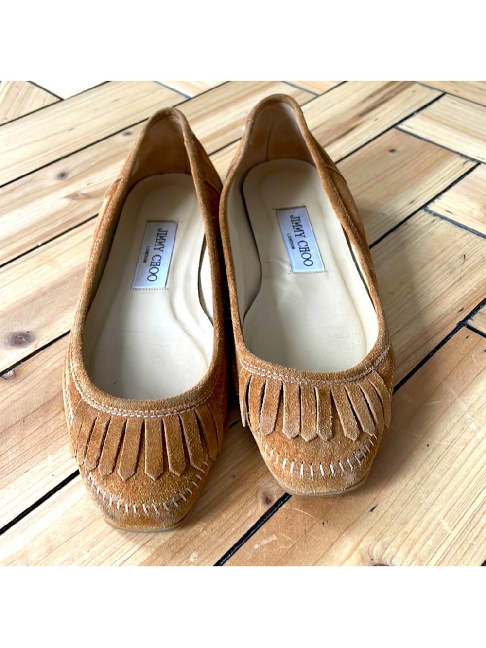 Jimmy Choo Tan Suede Fringe Moccasins Brown jimmy choo size 6 flat